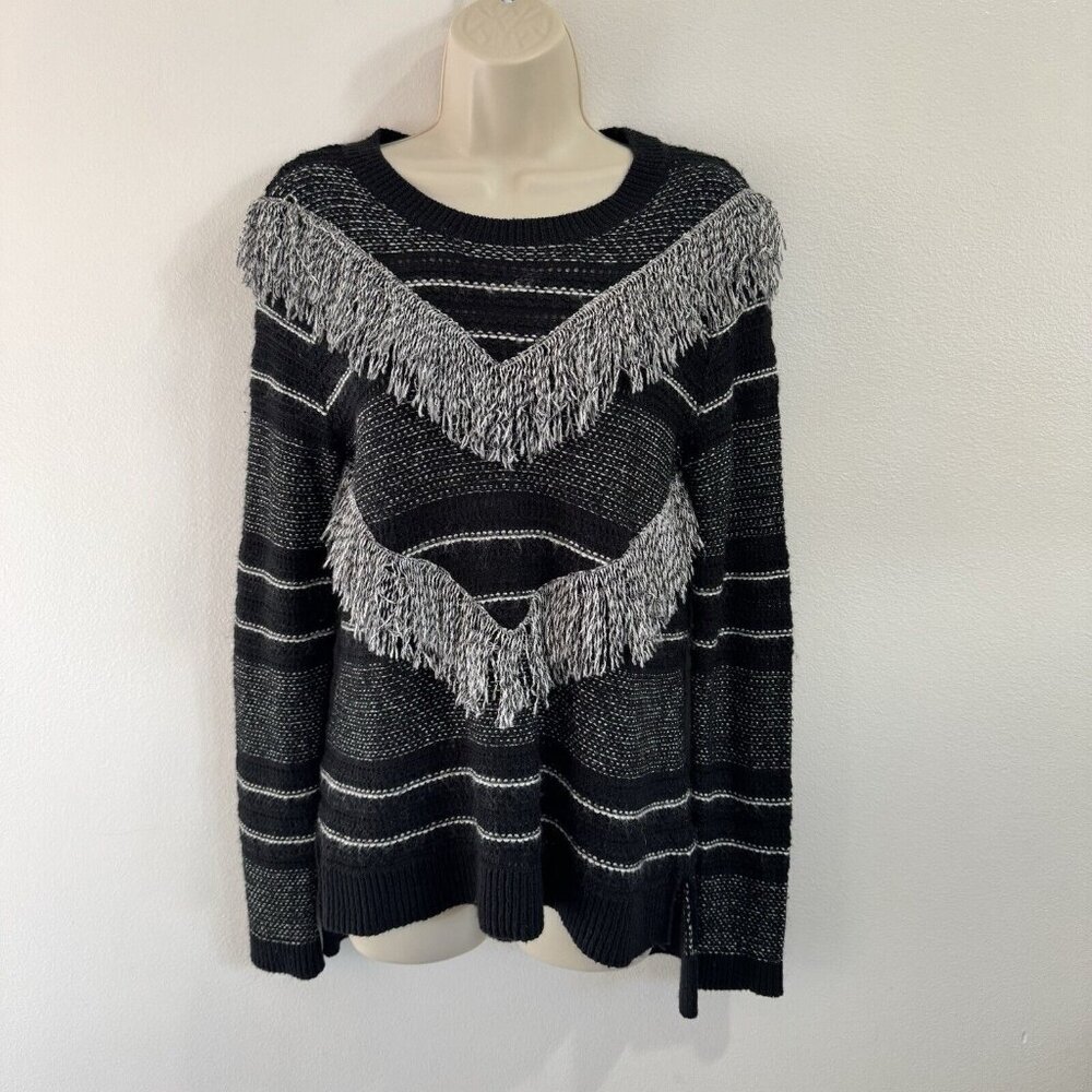 Rachel Roy Sweater M Wool Blend Knit Fringe Stripe Western Black White